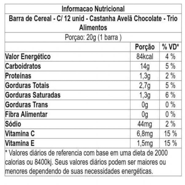 Barra de Cereal Trio Tradicional Avelã, Castanha e Chocolate 20g - Caixa c/ 12 uni. - Globalbev