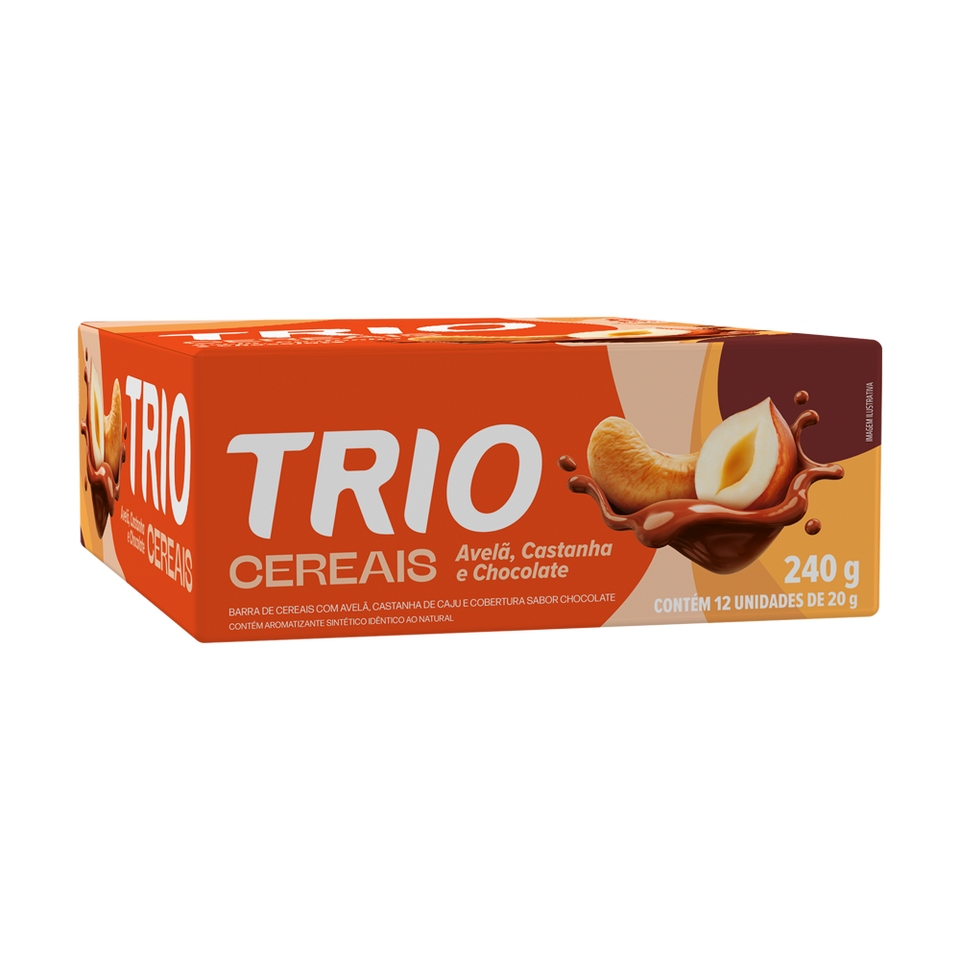 BARRA DE CEREAL TRIO AVELA, CASTANHA E CHOCOLATE 20G - CAIXA C/ 12 UNI.