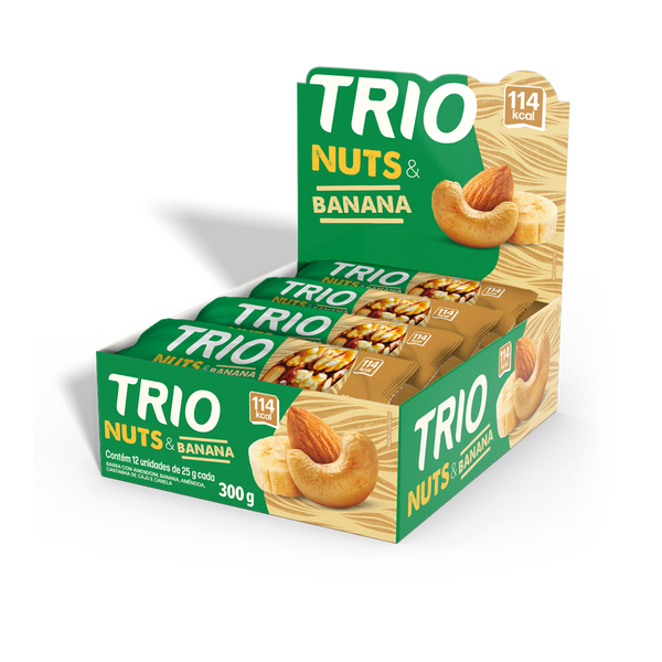 TRIO NUTS AMENDOAS, CASTANHA DE CAJU E BANANA 25G - CAIXA C/ 12 UNI.