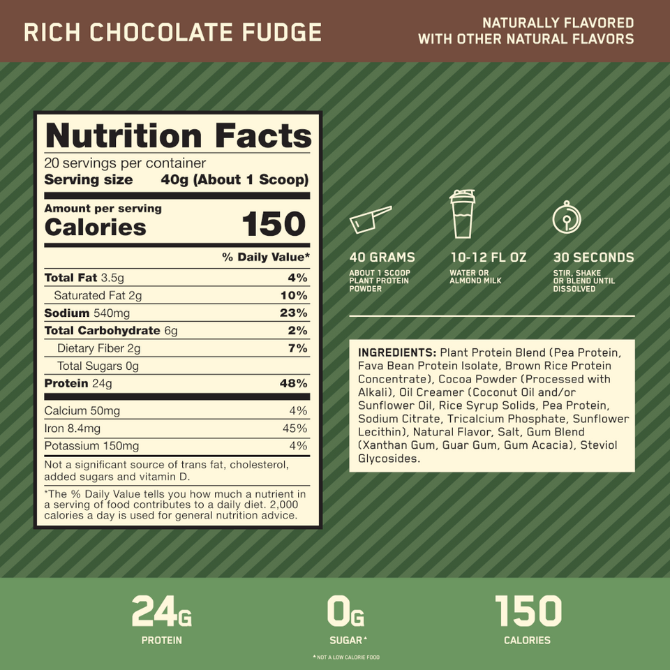 100% PLANT PROTEIN OPTIMUM NUTRITION GOLD STANDARD CHOCOLATE 800G - 1.76 LBS