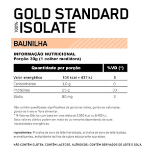 100% Whey Optimum Nutrition Gold Standard Isolate Baunilha 720g - 1.58 Lbs