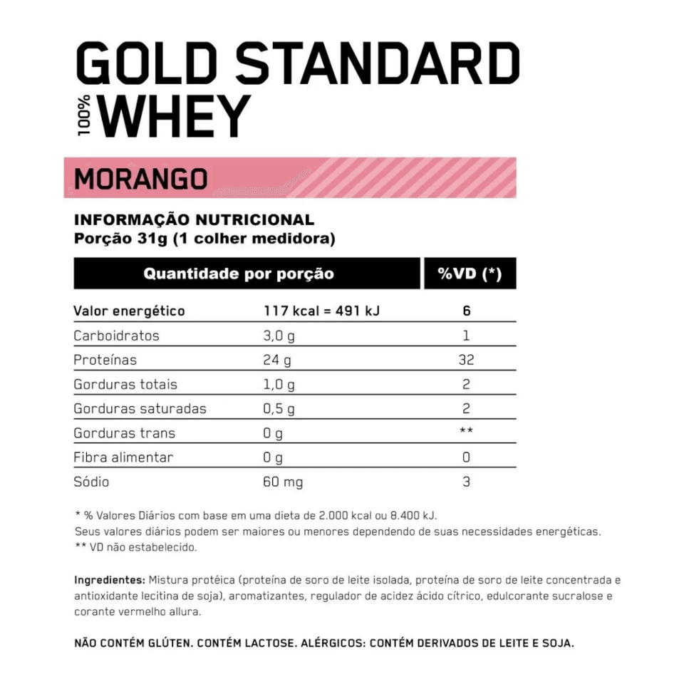 100% Whey Optimum Nutrition Gold Standard Morango 907g - 2 Lbs