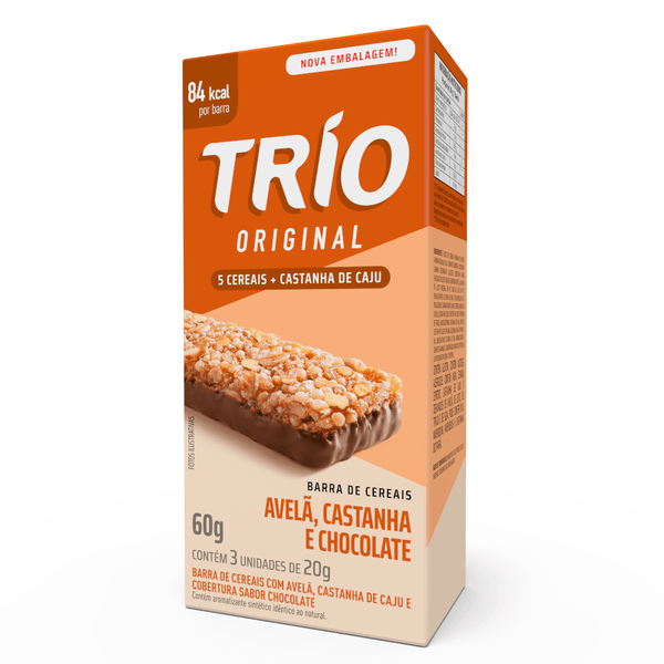 Barra de Cereal Trio Tradicional Avelã, Castanha e Chocolate 20g - Caixa c/ 3 uni.