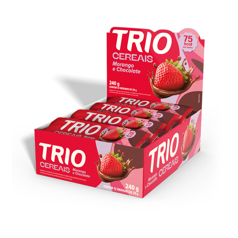 BARRA DE CEREAL TRIO MORANGO COM CHOCOLATE 20G - CAIXA C/ 12 UNI.