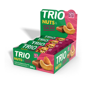 TRIO NUTS CACAU: AMENDOAS, CASTANHA DE CAJU E CHOCOLATE 25G - CAIXA C/ 12 UNI.